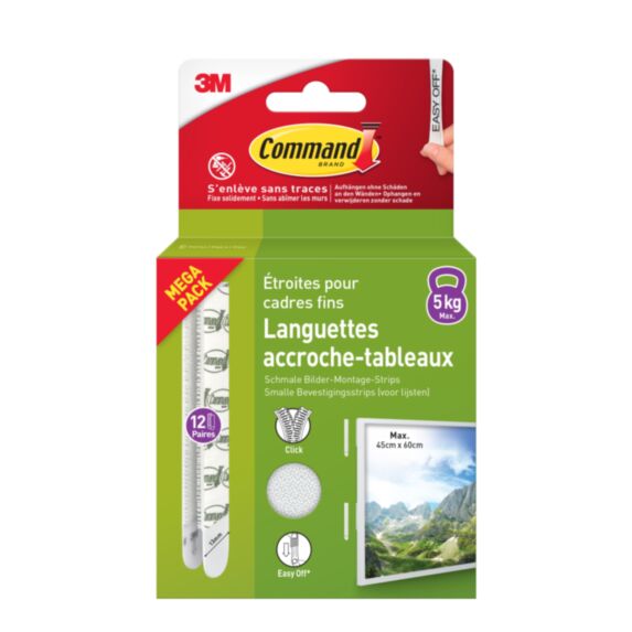 Lot x12 languettes adhésives Accroche Tableaux Command blanc - 3M COMMAND