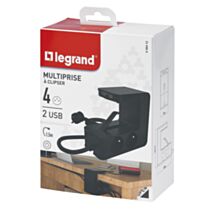 Multiprise Clipsable 4 Prises 2P+T + 2 Ports USB + 1 Interrupteur Lumineux Noir
