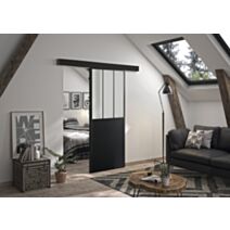 Kit porte coulissante atelier noir verre dépoli 830 mm