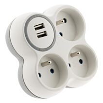 Fiche 3 prises Triplite 16A + 2 USB Facade Blanc/Gris