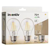 3 Ampoules Filament LED A60 Transparent E27 1055lm 4000K Blanc neutre - INVENTIV