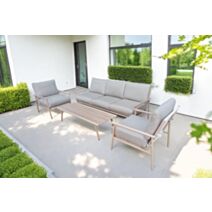 Salon de jardin bas 5 pers. Neo alu décor bois + coussins