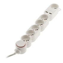 Multiprise 6 prises 16a 2P+T + interrupteur blanc cable ho5vvf 3g1 1,5m + 2xUSB 2,1a equipe d'une fiche extraplate