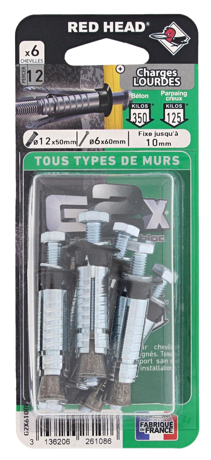 Lot de 6 chevilles G2X Ø12x50 mm + vis - RED HEAD