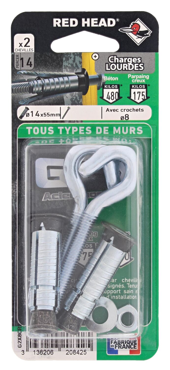 2 Chevilles G2X Ø14x55mm + 8 Crochets - RED HEAD