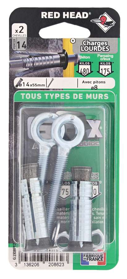2 Chevilles G2X Ø14x55mm + 8 Pitons - RED HEAD