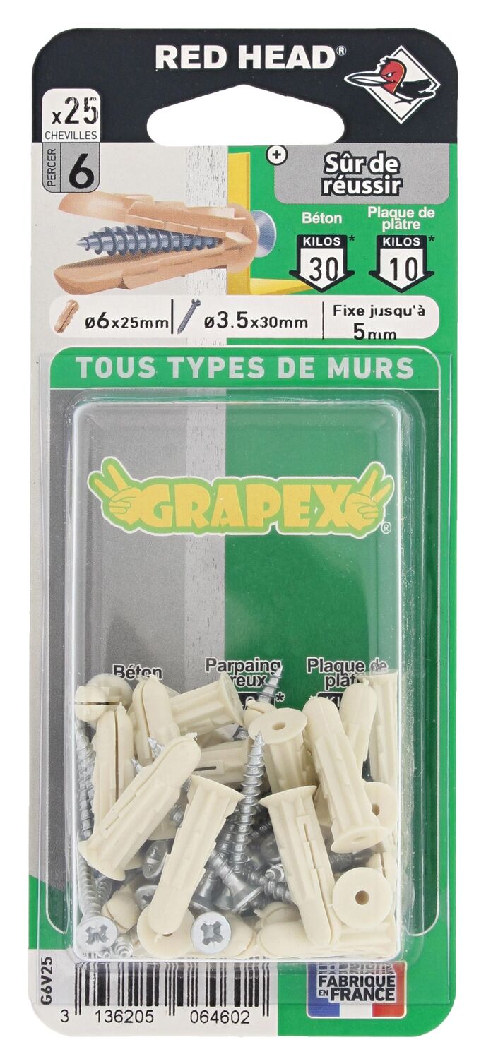 25 chevilles polypropylène ø6 + vis - RED HEAD