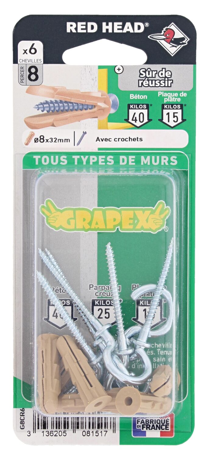 6 chevilles prolypropylène de ø8x32mm + crochets - RED HEAD