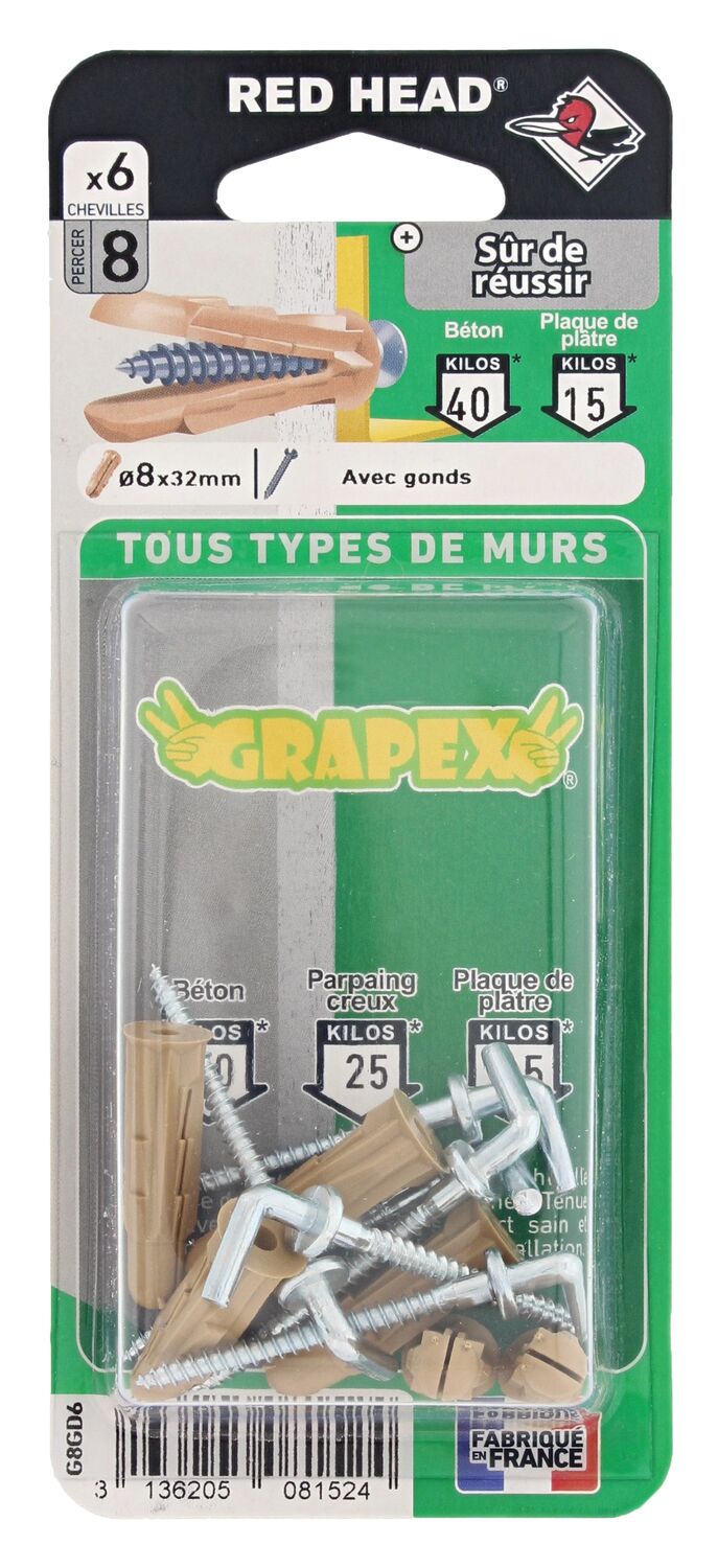 6 chevilles polypropylène de ø8x32mm + gonds - RED HEAD