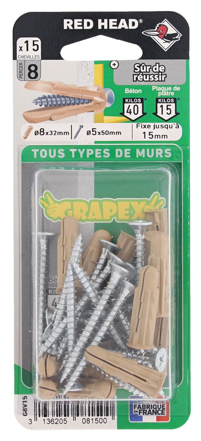 15 chevilles polypropylène ø8 + vis ø5x50mm - RED HEAD