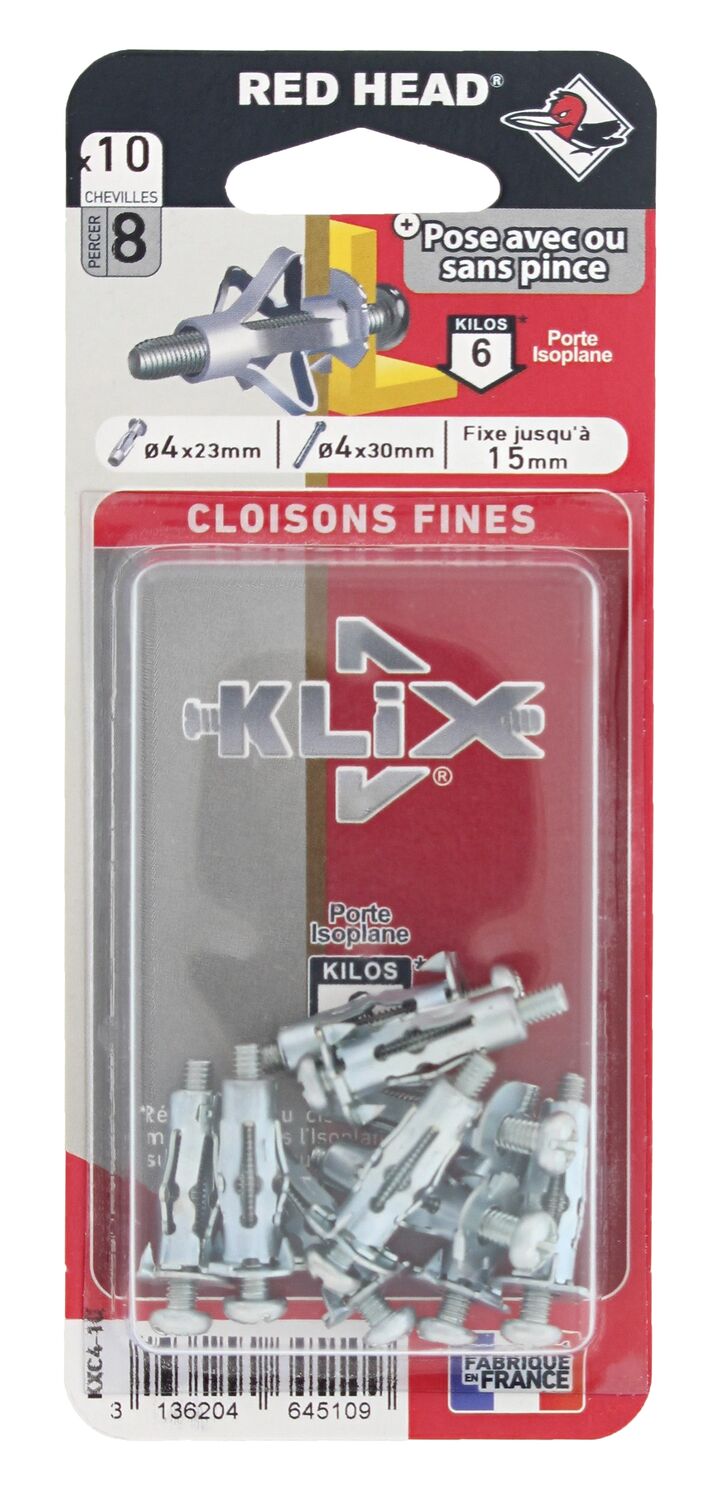 10 Chevilles Klix Métalliques Ø4x23mm + Vis TR Ø4x30mm - RED HEAD