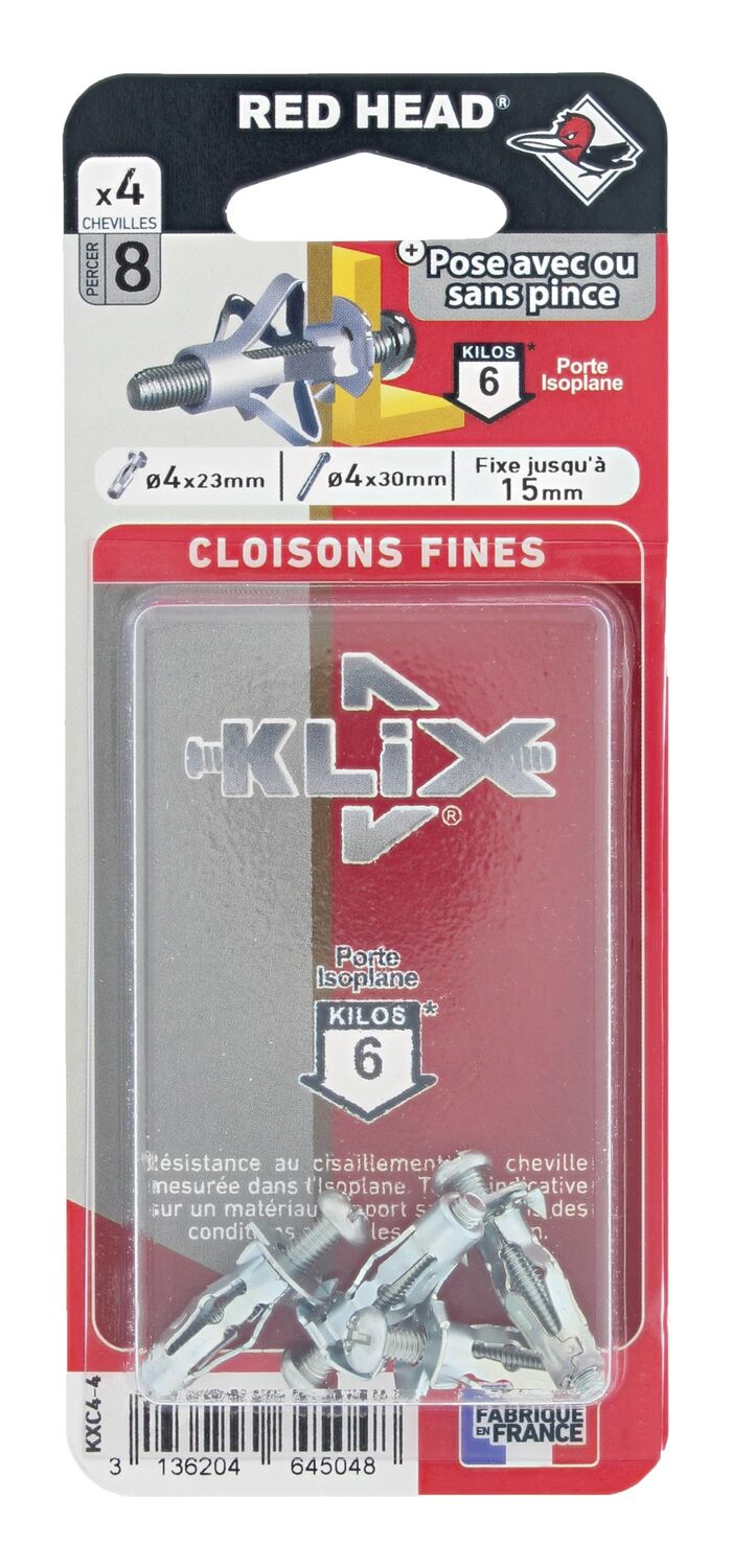 4 Chevilles Klix Métalliques Ø4x23mm + Vis TR Ø4x30mm - RED HEAD