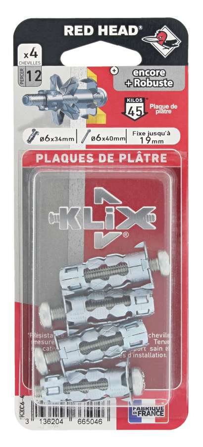 4 Chevilles Klix Métalliques Ø6x34mm + Vis TR Ø6x40mm - RED HEAD