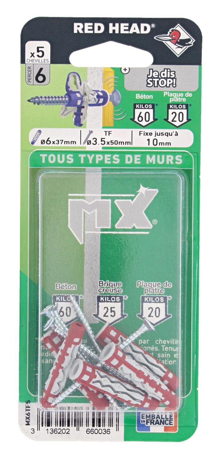 5 Chevilles Nylon Autobloquante Ø6x37mm + Vis TF 3,5x50mm - RED HEAD