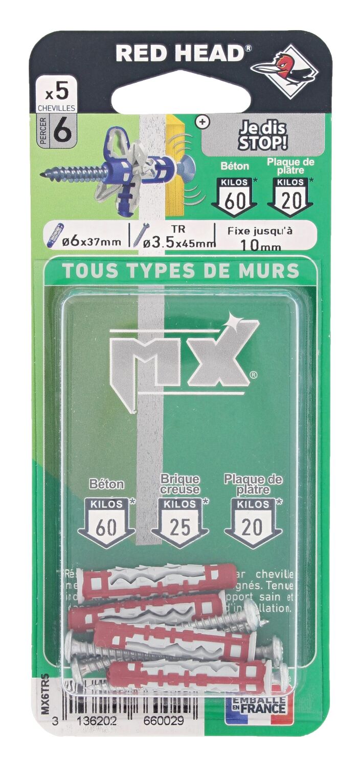 5 Chevilles Nylon Autobloquante Ø6x37mm + Vis TR 3,5x50mm - RED HEAD
