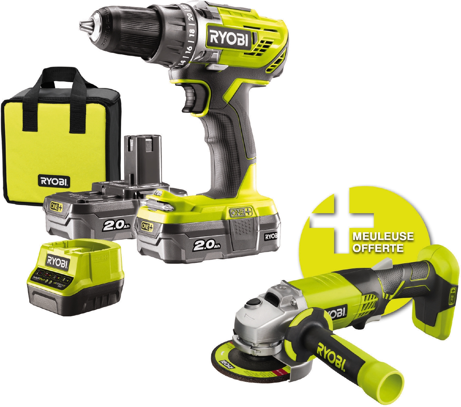 Pack perceuse 18V + meuleuse 18V R18DDAG-220S - RYOBI