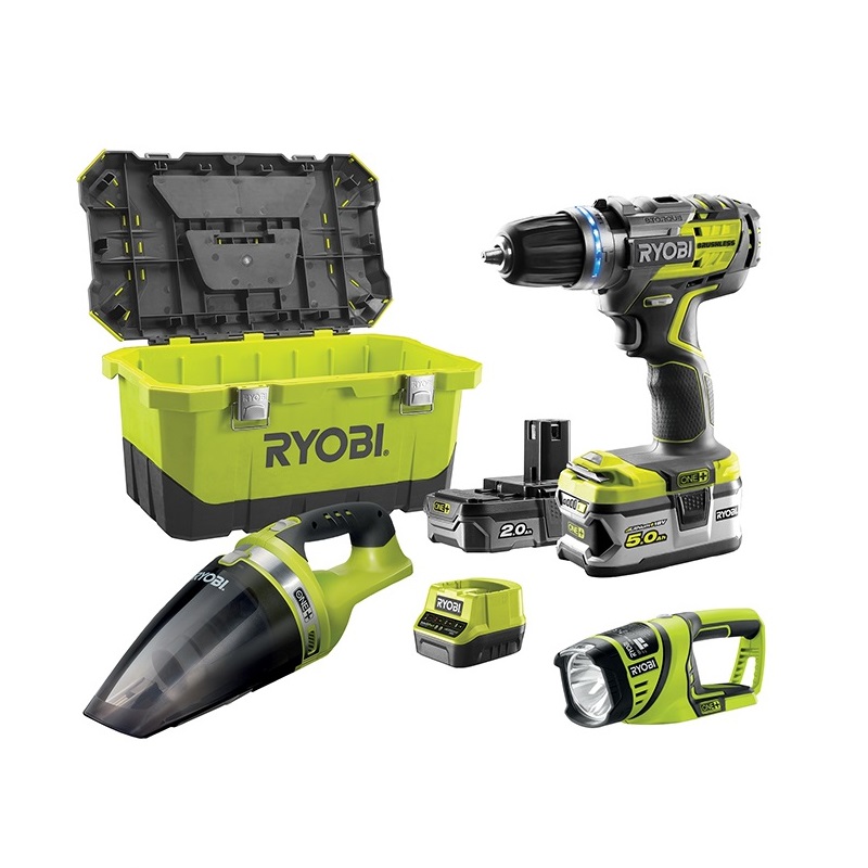 Kit 18 Volts : Perceuse percu Brushless + aspirateur + lampe - RYOBI