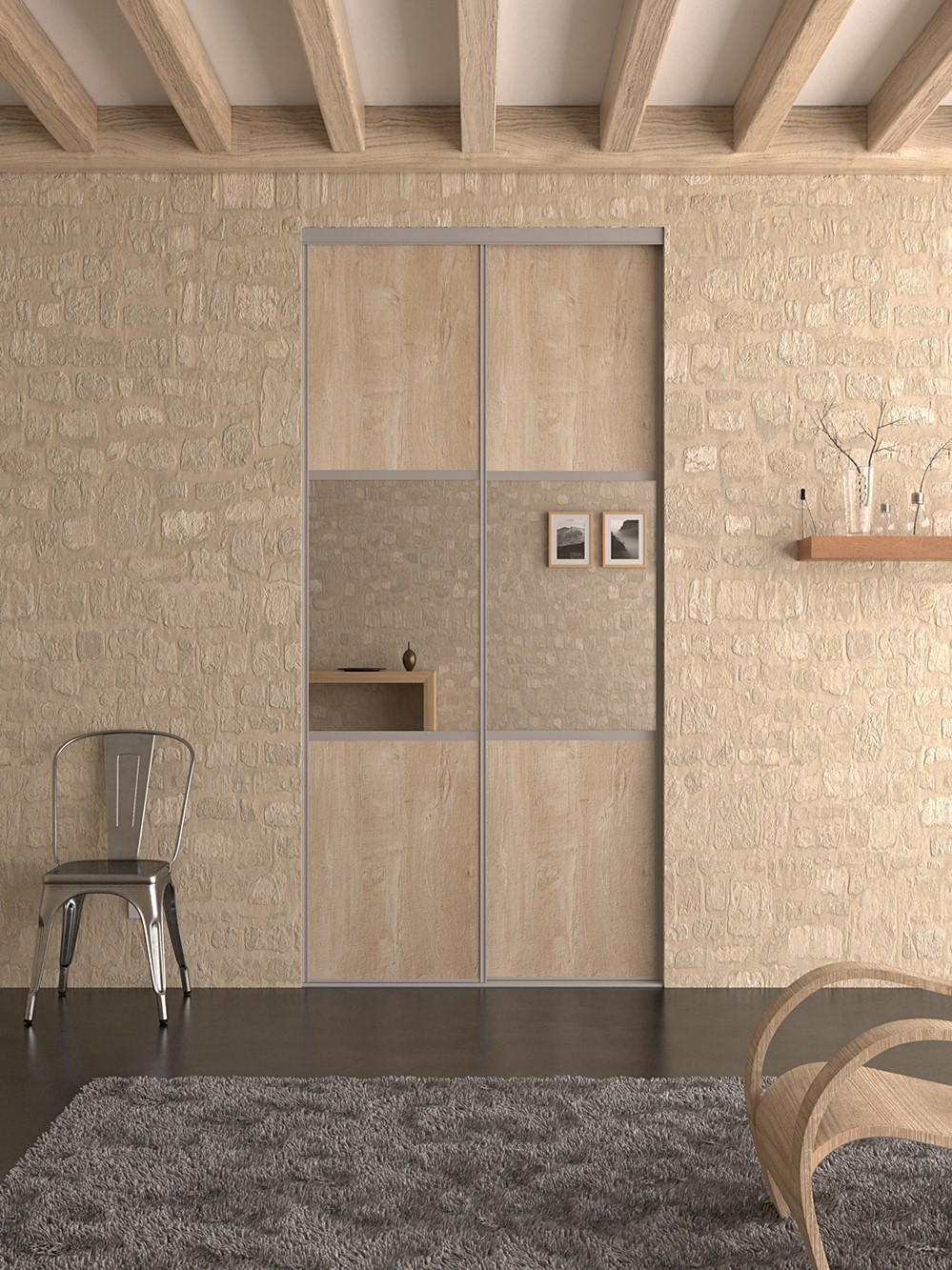 Vantail Optissimes recoupable hauteur/largeur - partition Bois Flotte / miroir l90