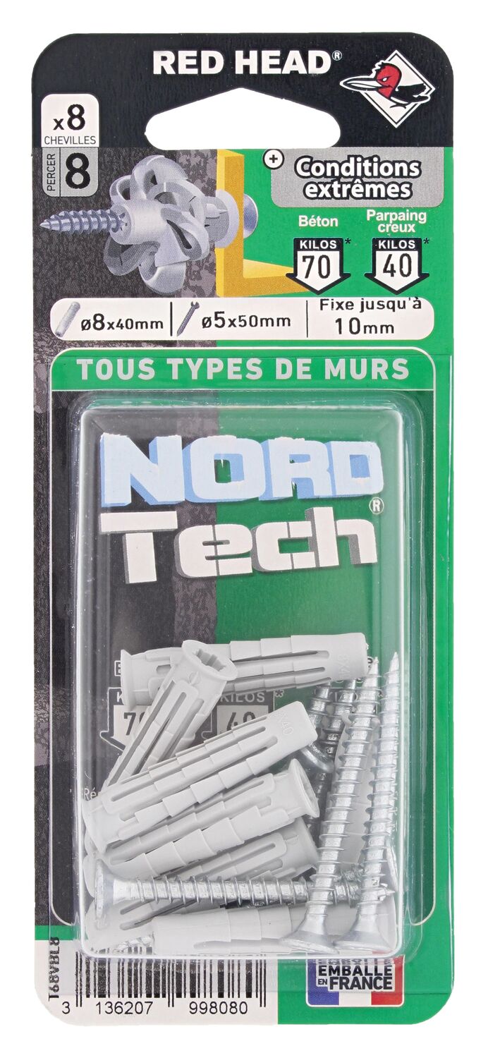 4 Chevilles Nordtech Conditions Extrêmes Ø10x50mm + Vis TF Ø6x70mm - RED HEAD