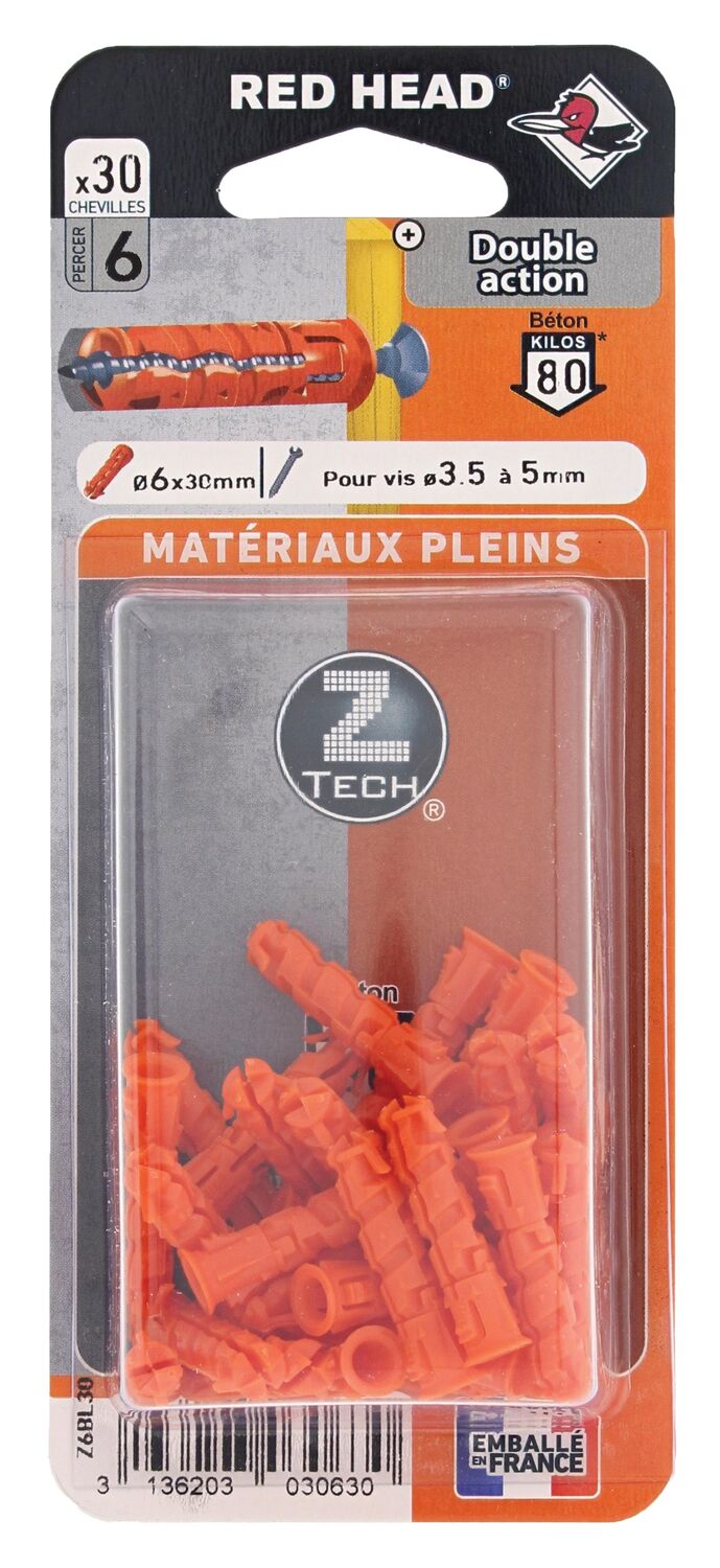 6 Chevilles Ztech Matériaux Pleins Ø12x60mm - RED HEAD