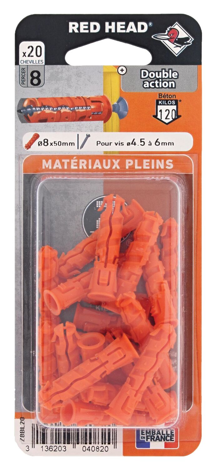 20 Chevilles Ztech Matériaux Pleins Ø8x50mm - RED HEAD